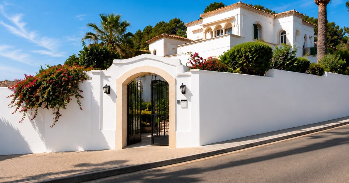 Frisch gestrichene weiße Mauern und Eingang einer Mallorca-Villa