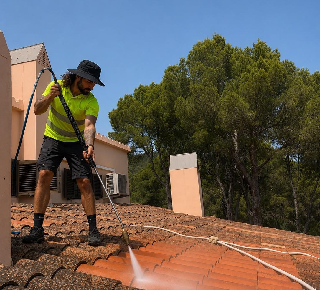 Unser Techniker reinigt ein Terrakotta-Ziegeldach auf Mallorca mit Niederdrucktechnik